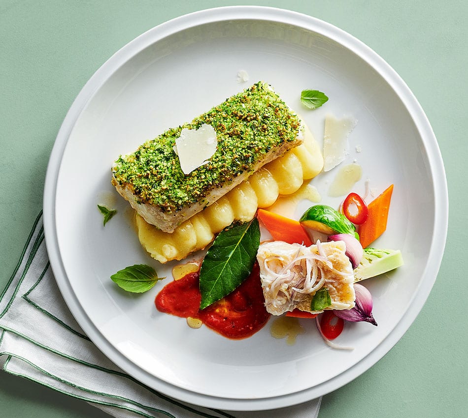 Herb-Crusted Cod Fillet and Poached Salt Cod